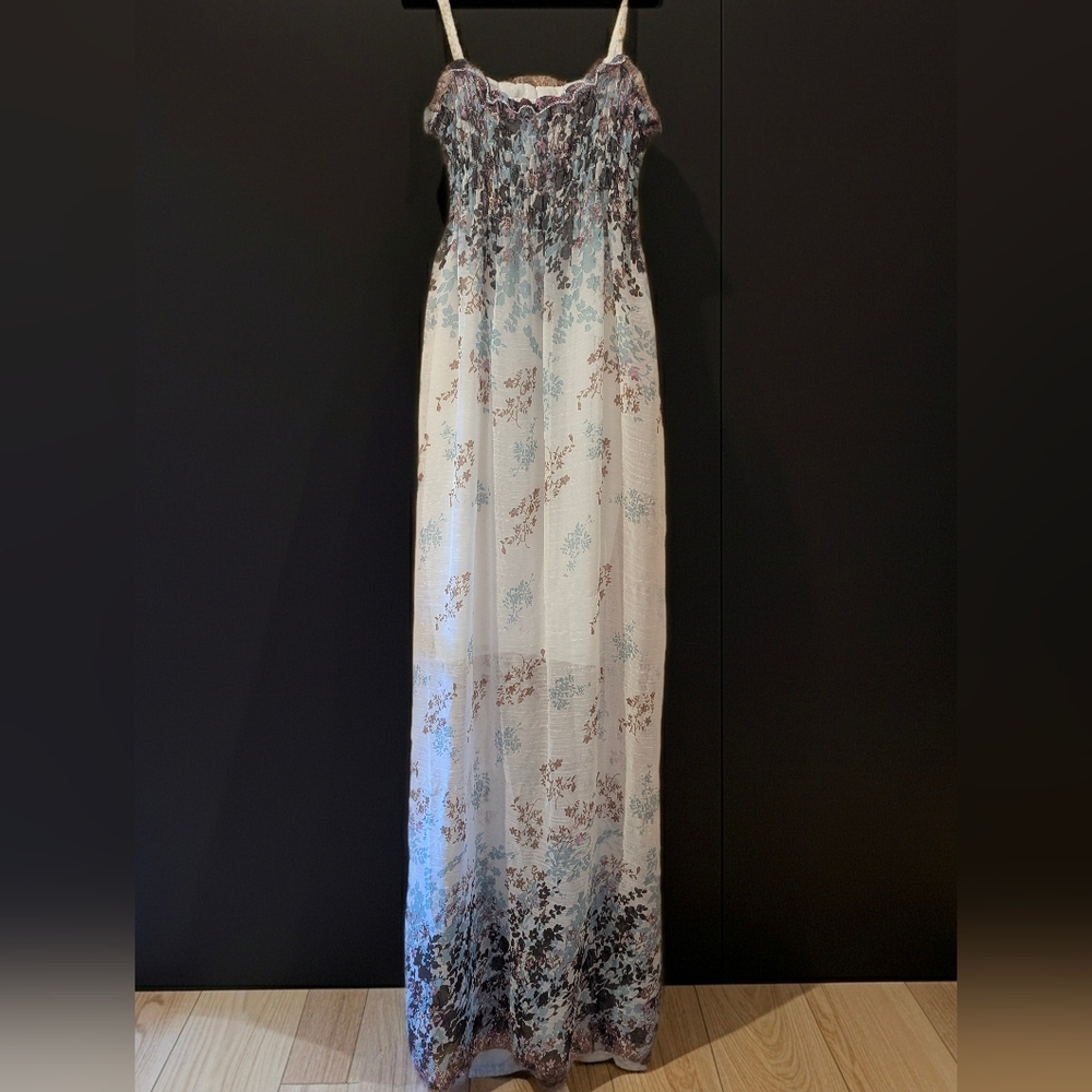 Sheer Floral Maxi Dress with Spaghetti Straps, Women's Blue & White Long Dress